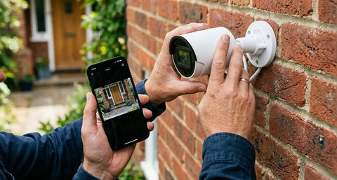 A close-up of a DIY homeowner adjusting the angle of an outdoor security camera on a brick wall while checking the live video feed on a smartphone
