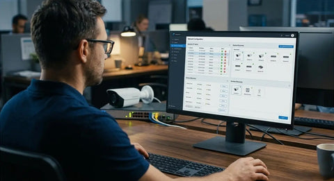 An IT technician configuring a Hik-Compatible unbranded security camera using network discovery tool software on a desktop monitor