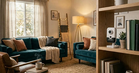 An indoor security camera positioned in a cozy living room, showcasing its discreet design and functionality.