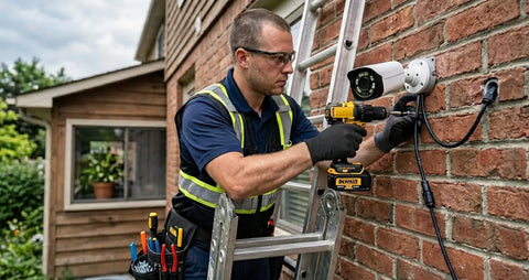 A technician installing a wired security camera on a wall, highlighting the installation process and equipment.