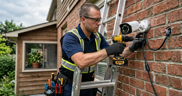 A technician installing a wired security camera on a wall, highlighting the installation process and equipment.