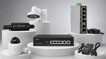 CCTV security camera accessories and hardware, including PoE switch, power supply box, mounting bracket, and ethernet cables