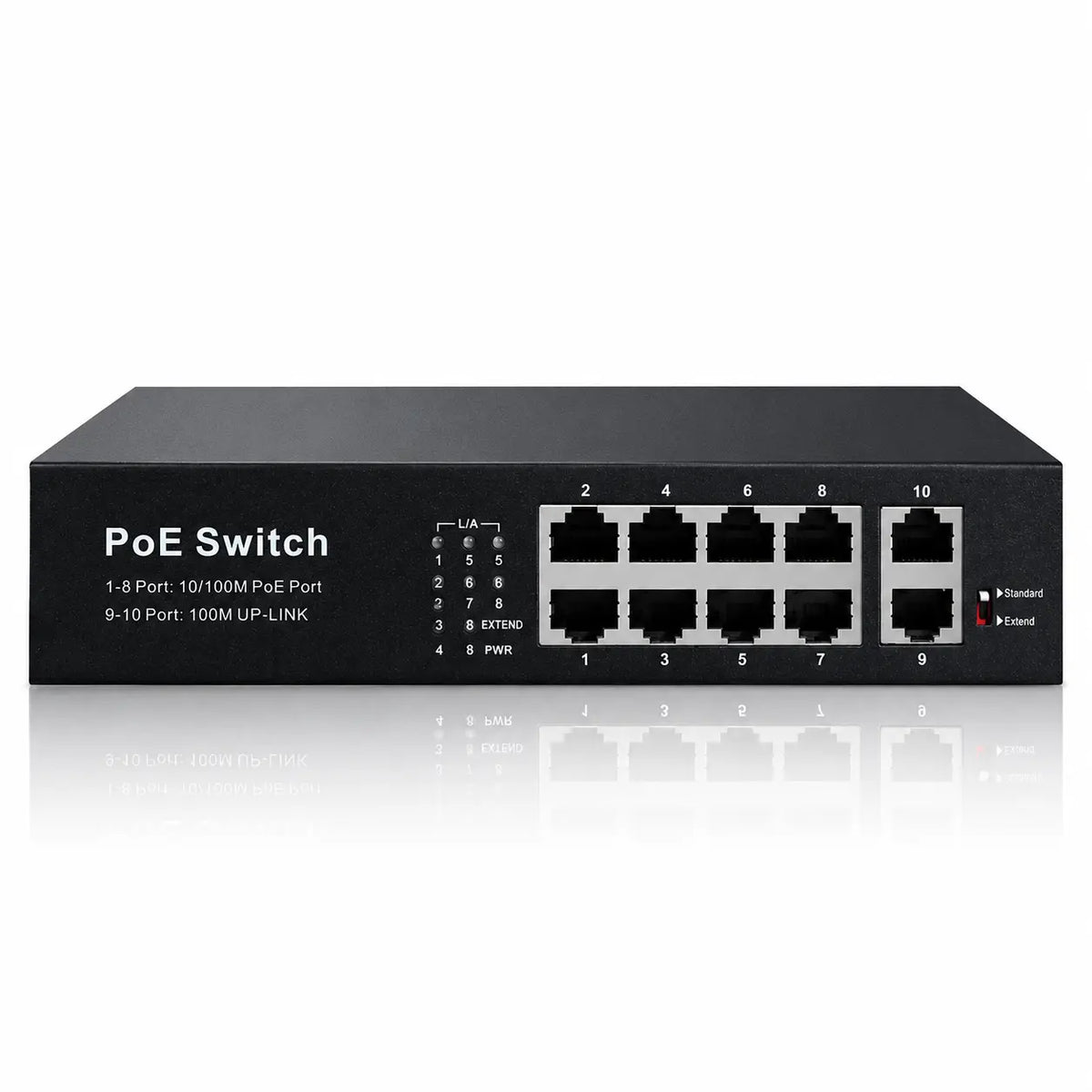 10-port Fast Ethernet PoE+ switch with eight PoE ports, two uplink ports, metal housing, and front LED status indicators
