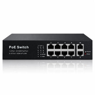 10-port Fast Ethernet PoE+ switch with eight PoE ports, two uplink ports, metal housing, and front LED status indicators