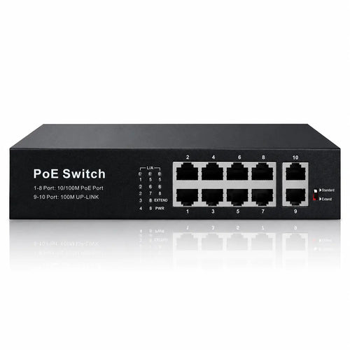 10-port Fast Ethernet PoE+ switch with eight PoE ports, two uplink ports, metal housing, and front LED status indicators