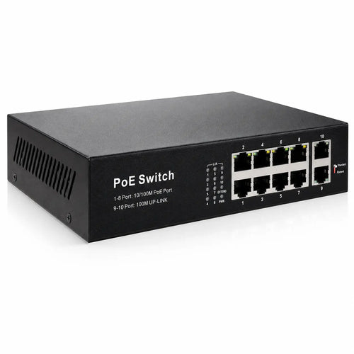 10-port Fast Ethernet PoE+ switch with eight PoE ports, two uplink ports, metal housing, and front LED status indicators