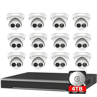 Twelve DS-2CD2343G2-I 4MP turret cameras with a DS-7616NI-Q2/16P(D) 16-channel PoE NVR, 4TB HDD, mouse, power supply, and mounting accessories.