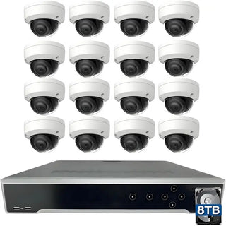 Sixteen DS-2CD2183G2-I 8MP vandal dome cameras with a DS-7732NI-M4/24P 32-channel PoE NVR, 8TB HDD, mouse, and mounting accessories.
