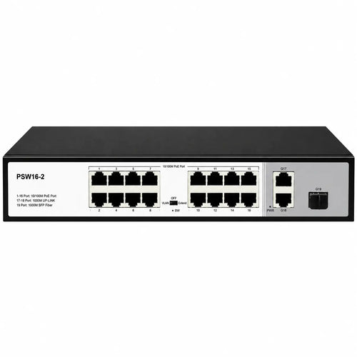 16-port PoE+ switch with 10/100 Mbps PoE ports, dual Gigabit uplinks, metal rack-mount housing, and front LED indicators