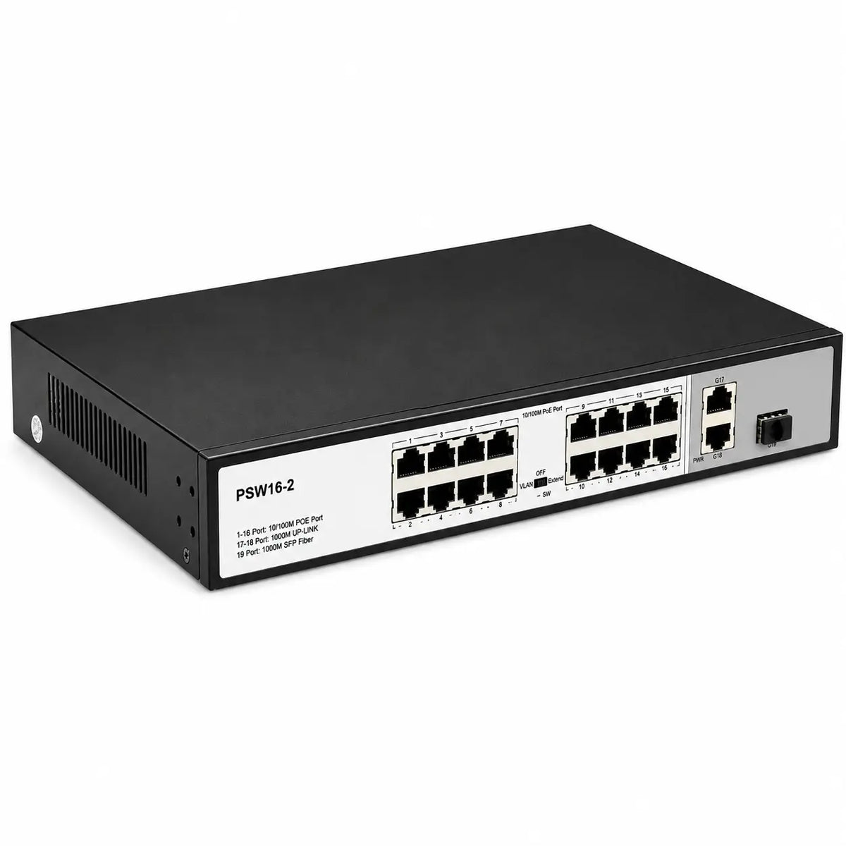 16-port PoE+ switch with 10/100 Mbps PoE ports, dual Gigabit uplinks, metal rack-mount housing, and front LED indicators