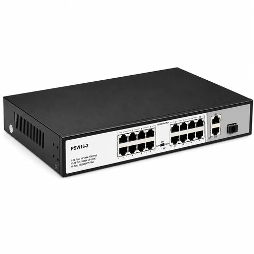 16-port PoE+ switch with 10/100 Mbps PoE ports, dual Gigabit uplinks, metal rack-mount housing, and front LED indicators