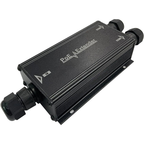 Outdoor Gigabit PoE+ extender with one PoE input, two PoE output ports, IP67 enclosure, and wall-mount design
