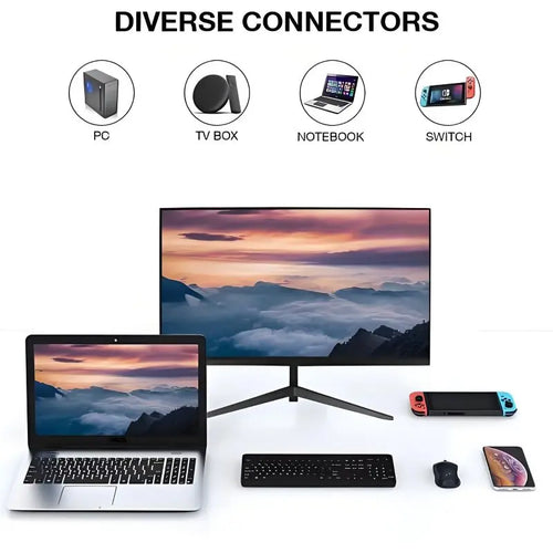 Front view of a sleek, ultra-thin 22-inch Full HD 1080P LED computer monitor displaying a clear multi-channel security camera live feed on a tech desk
