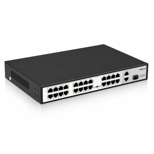 24-port PoE+ switch with 10/100 Mbps PoE ports, two Gigabit uplinks, metal rack-mount housing, and front LED indicators