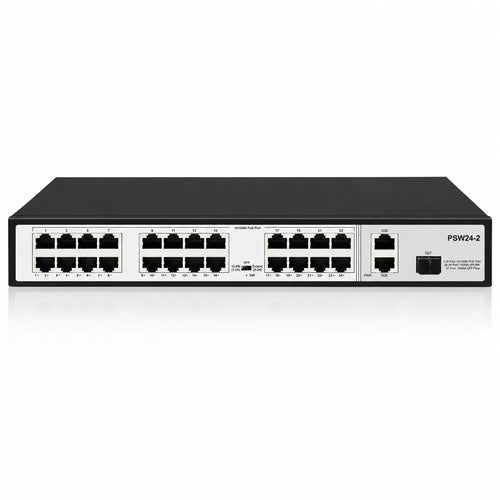 24-port PoE+ switch with 10/100 Mbps PoE ports, two Gigabit uplinks, metal rack-mount housing, and front LED indicators
