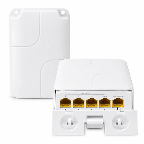 5-port Gigabit PoE extender with one PoE input, four PoE outputs, 90W input support, and wall-mount design