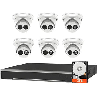 Six DS-2CD2343G2-I 4MP turret cameras with a DS-7608NI-Q2/8P 8-channel PoE NVR, 2TB HDD, mouse, power supply, and mounting accessories.