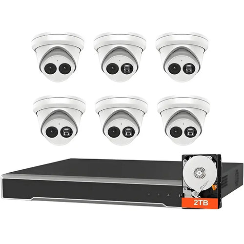 Six DS-2CD2343G2-I 4MP turret cameras with a DS-7608NI-Q2/8P 8-channel PoE NVR, 2TB HDD, mouse, power supply, and mounting accessories.