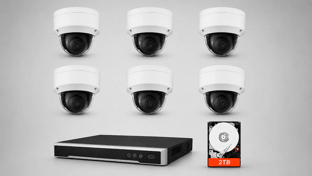 Six dome security cameras with an 8-channel PoE NVR and included 2TB surveillance hard drive