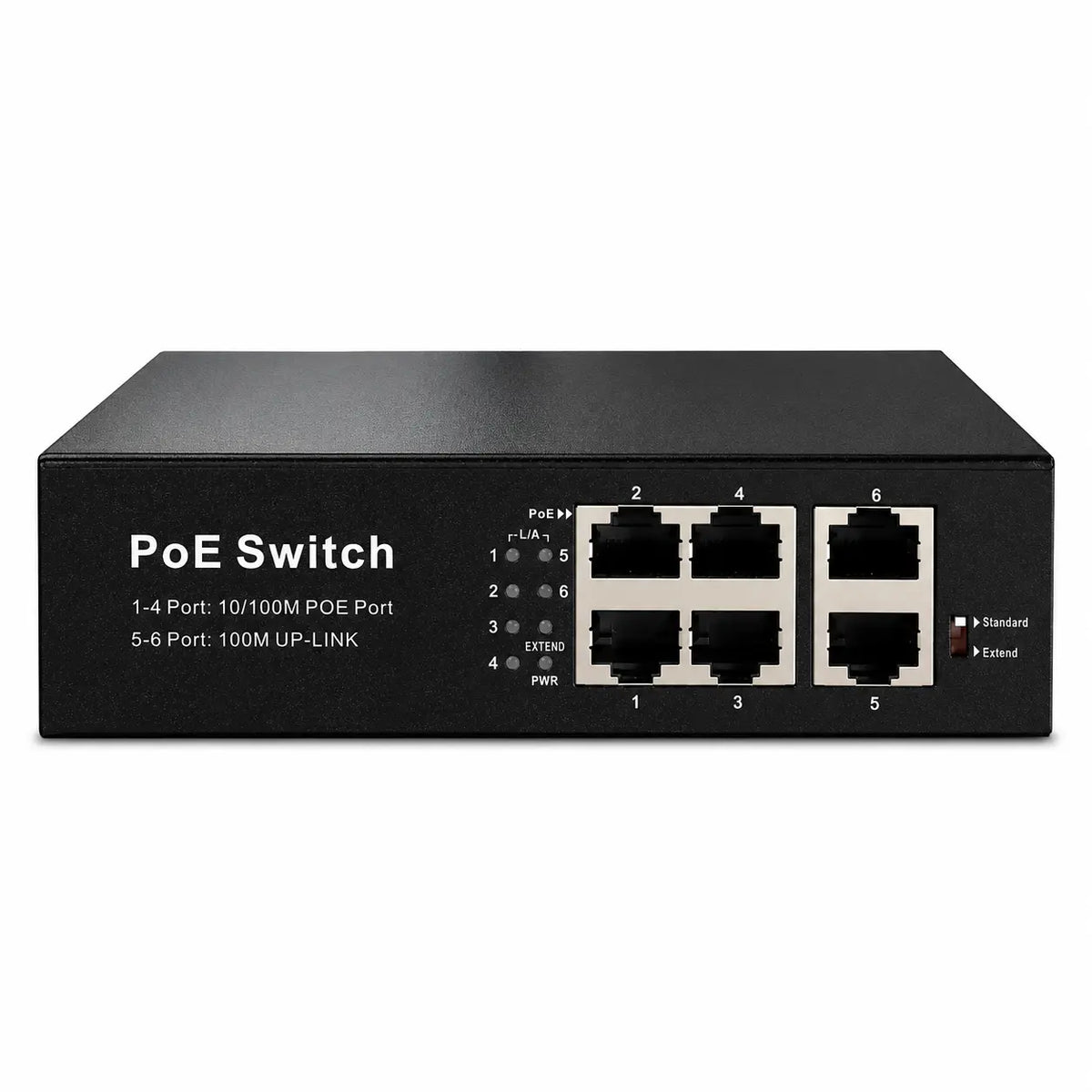 6-port PoE+ switch with four 10/100 Mbps PoE ports, two Ethernet uplinks, metal housing, and LED status indicators