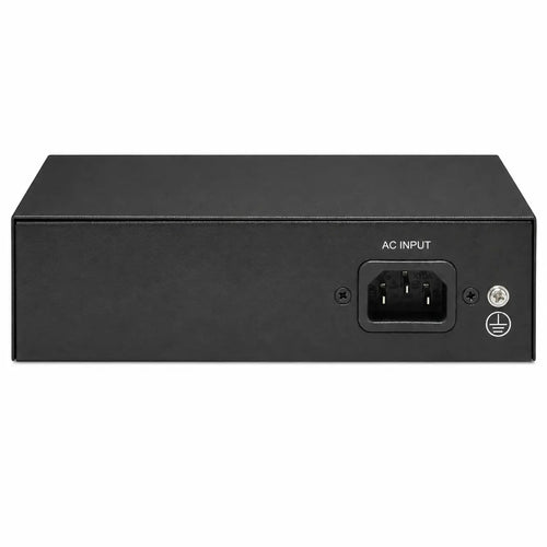 6-port PoE+ switch with four 10/100 Mbps PoE ports, two Ethernet uplinks, metal housing, and LED status indicators
