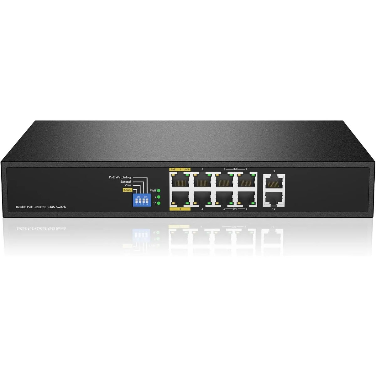 8-port full Gigabit PoE++ switch with four 90W 802.3bt ports, four 30W 802.3at ports, and two Gigabit uplinks