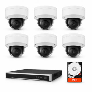 Six 8MP dome security cameras with an 8-channel PoE NVR on a white background