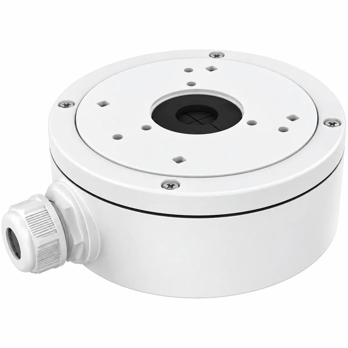 CBS weatherproof angled junction box for compatible turret security cameras, designed for indoor or outdoor wall and ceiling mounting