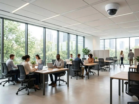 Modern tech corporate office interior with an open workspace, large glass windows, and a white compact dome security camera elegantly integrated into the ceiling corner