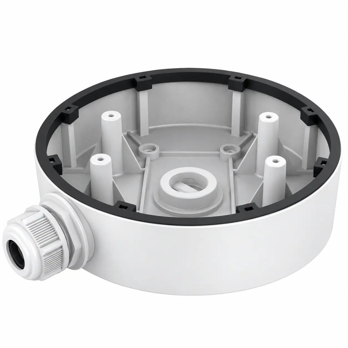 DS-1280ZJ-DM55 white aluminum junction box for compatible dome and panoramic turret security cameras with internal cable routing