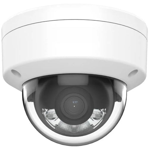 DS-2CD1147G2-LUF 4MP ColorVu dome camera with built-in mic monitoring a commercial building entrance after dark.