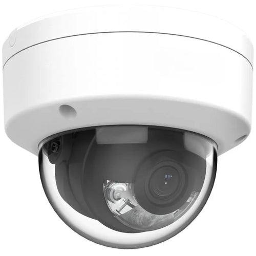 DS-2CD1147G2-LUF 4MP ColorVu dome camera with built-in mic monitoring a commercial building entrance after dark.