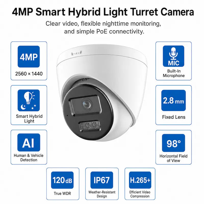 DS-2CD1343G2-LIUF 4MP turret camera with Smart Hybrid Light, human and vehicle detection, microphone, WDR, and IP67