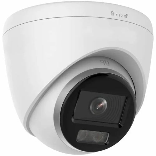 DS-2CD1343G2-LIUF 4MP Smart Hybrid Light turret with built-in mic monitoring a covered commercial entrance