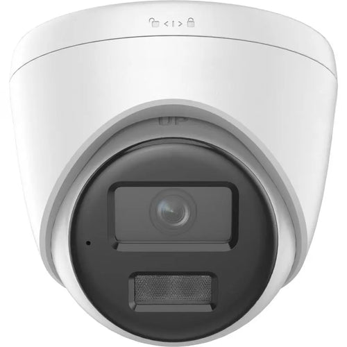DS-2CD1367G2H-LIUF 6MP ColorVu Smart Hybrid Light turret camera with built-in mic monitoring a commercial entrance