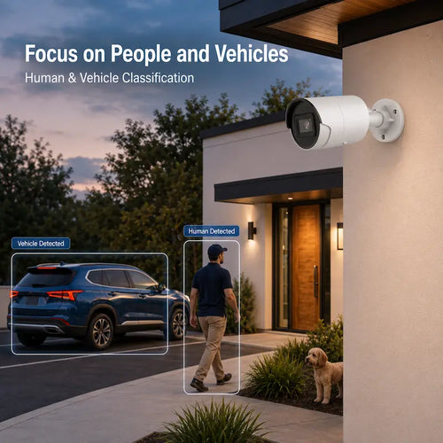 DS-2CD2043G2-IU camera classifying a person and blue SUV at a commercial property entrance