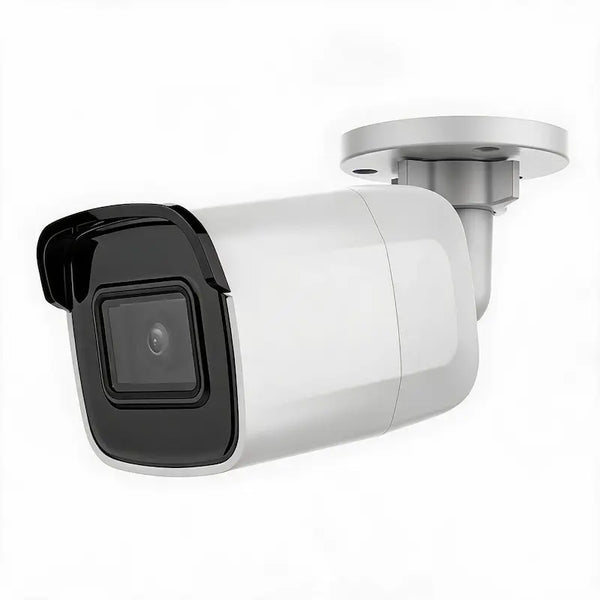 DS-2CD2085G1-I 8MP 4K bullet camera monitoring a commercial warehouse perimeter with Smart Event detection and IP67 weather protection
