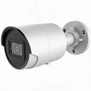 DS-2CD2086G2-IU 8MP AcuSense bullet camera with built-in microphone monitoring a commercial warehouse perimeter