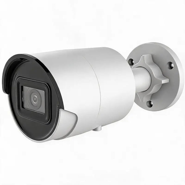 DS-2CD2086G2-IU 8MP AcuSense bullet camera with built-in microphone monitoring a commercial warehouse perimeter