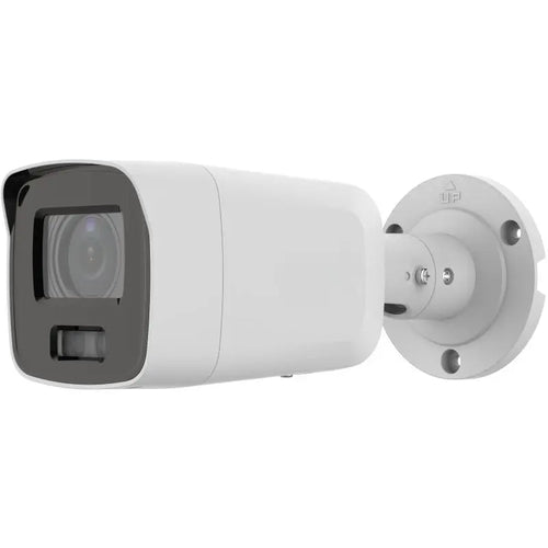 DS-2CD2087G2-LU 8MP ColorVu bullet camera with built-in mic monitoring a commercial warehouse perimeter at night.