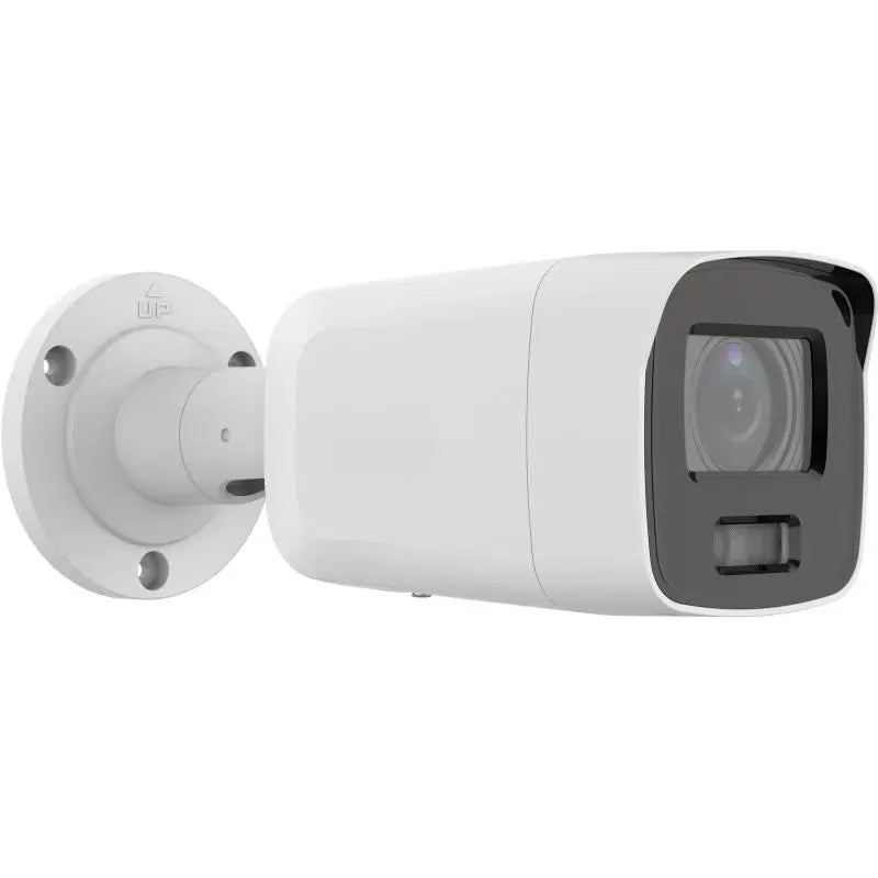 DS-2CD2087G2-LU 8MP ColorVu bullet camera with built-in mic monitoring a commercial warehouse perimeter at night.