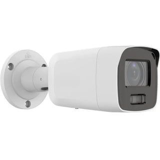 DS-2CD2087G2-LU 8MP ColorVu bullet camera with built-in mic monitoring a commercial warehouse perimeter at night.