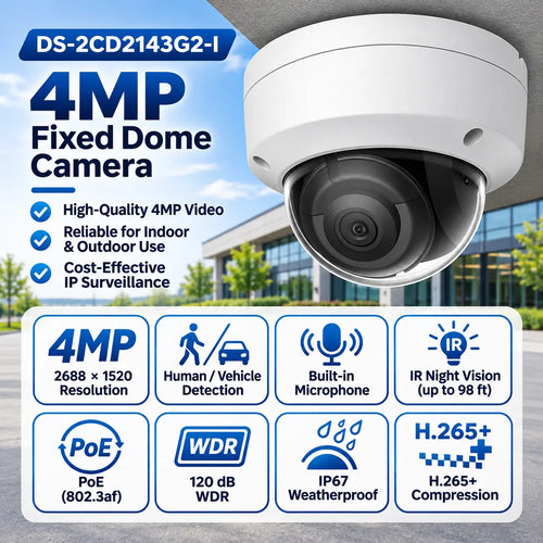 DS-2CD2143G2-I 4MP AcuSense dome security camera featuring human and vehicle detection, 98 ft IR night vision, PoE, 120 dB WDR, IP67 weather protection, IK10 vandal resistance, and H.265+ compression