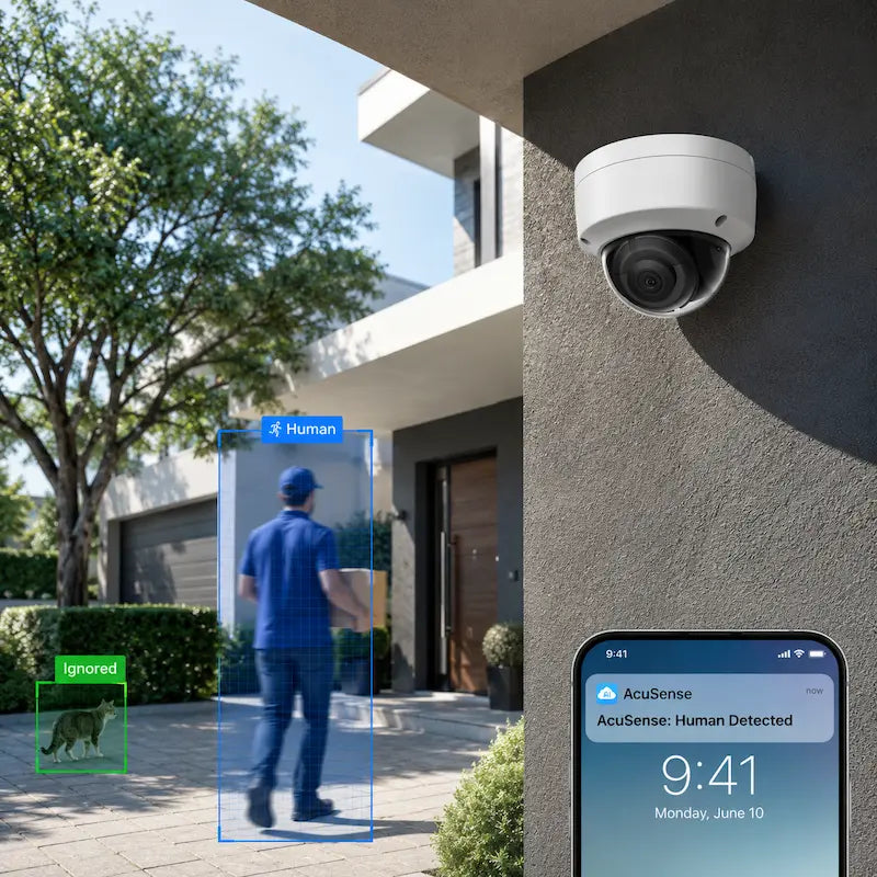 DS-2CD2143G2-I AcuSense security camera with intelligent human and vehicle detection that reduces false alerts from animals and environmental motion