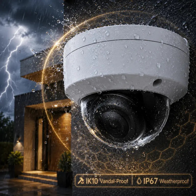 DS-2CD2143G2-I outdoor dome camera with IP67 weatherproof and IK10 vandal-resistant protection designed for harsh environments