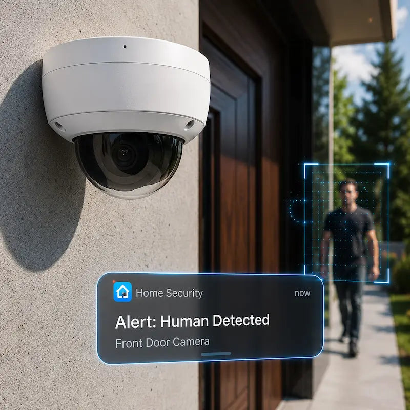DS-2CD2143G2-IU smart security camera sending instant human detection alerts to a mobile device for enhanced property protection