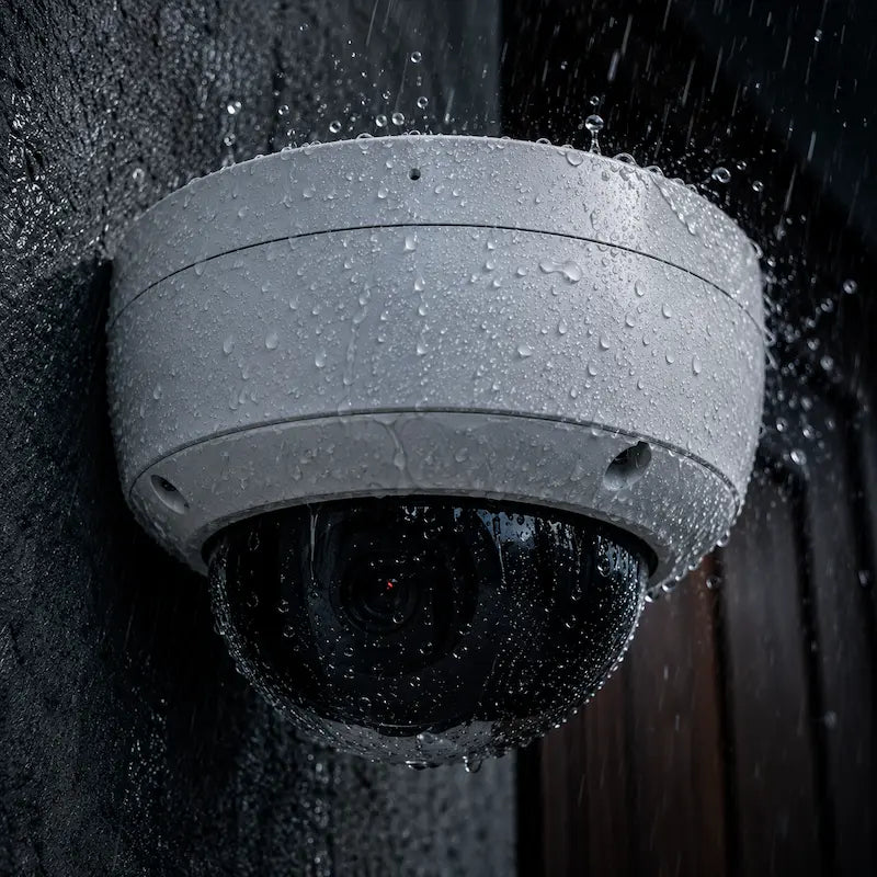 DS-2CD2143G2-IU outdoor dome security camera with IP67 weatherproof protection operating reliably during heavy rain and harsh weather