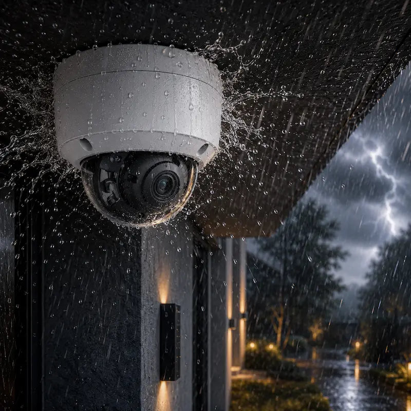 DS-2CD2147G2-LSU outdoor dome camera with IP67 weatherproof and IK10 vandal-resistant protection operating during heavy rain