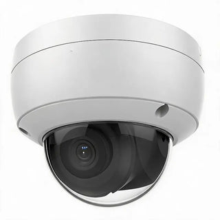 DS-2CD2183G0-IU 8MP WDR IK10 dome camera with built-in mic monitoring a commercial building entrance