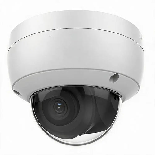 DS-2CD2183G0-IU 8MP WDR IK10 dome camera with built-in mic monitoring a commercial building entrance